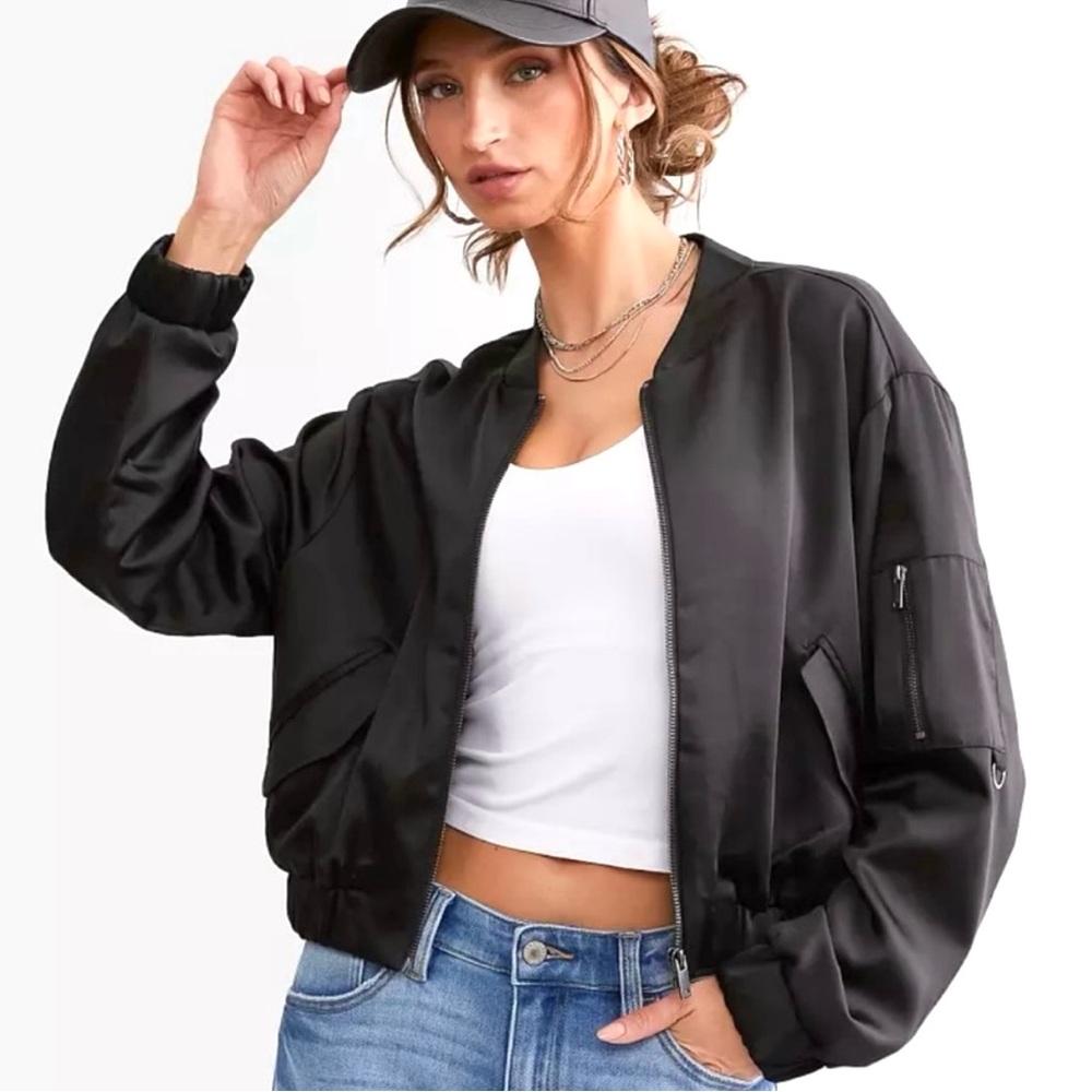 Stoosh Black Satin Cropped Bomber Flight Jacket Versatile Wardrobe Staple XL NWT